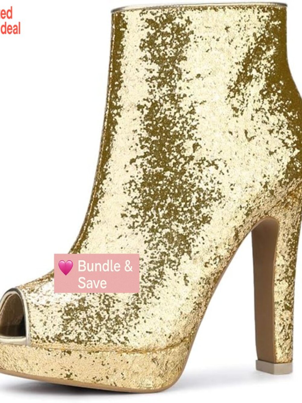 Glitter Platform Chunky Heeled Open Toe Ankle Boots Zip Closure Party